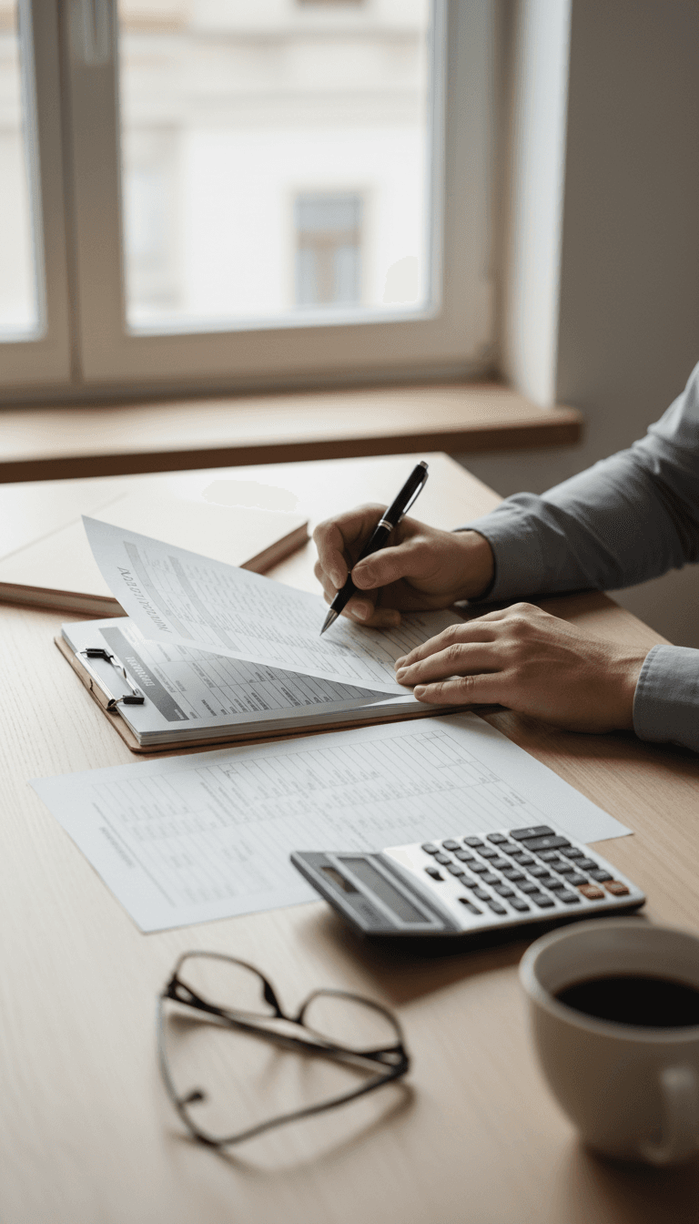 Broker reviewing insurance enrollment paperwork with a pen