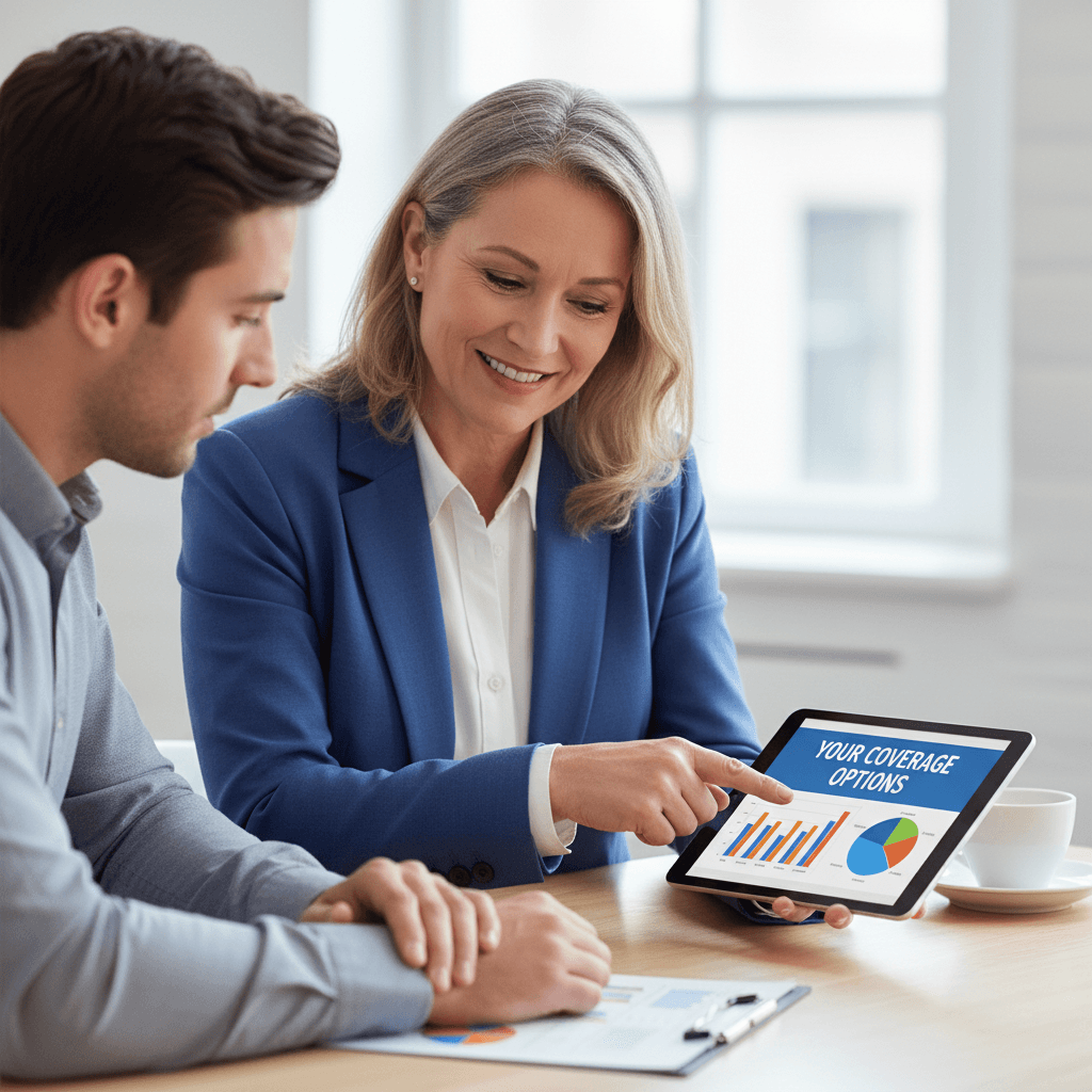 An insurance broker explaining a coverage chart on a tablet
