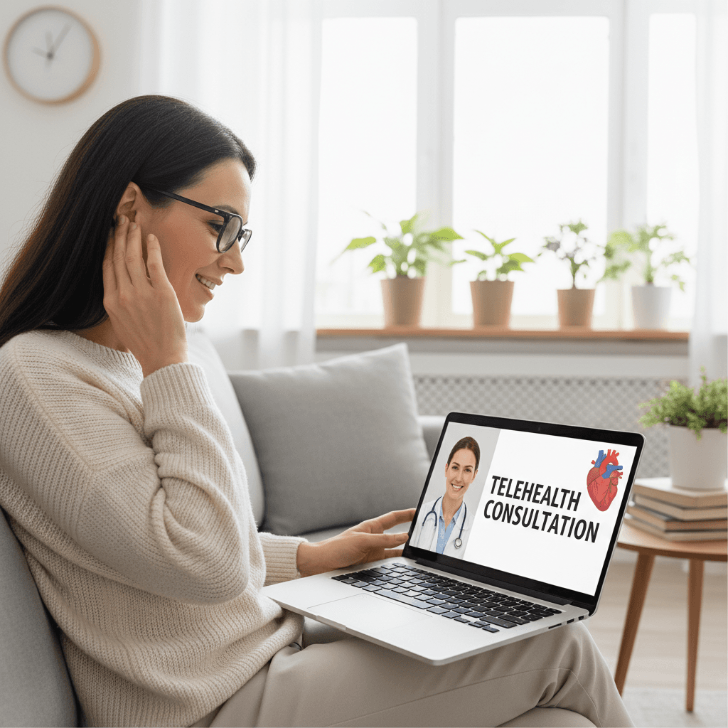 Person having virtual telehealth appointment on laptop at home