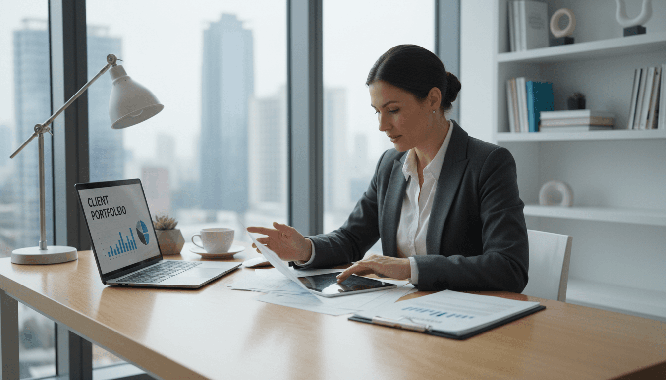 Insurance broker reviewing policy documents at a clean, well-lit desk with a laptop