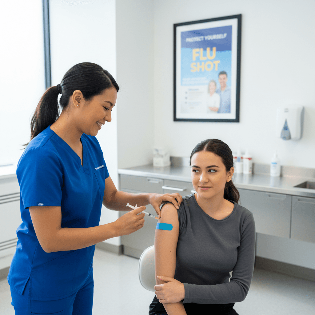 Nurse giving patient flu shot in clean medical office