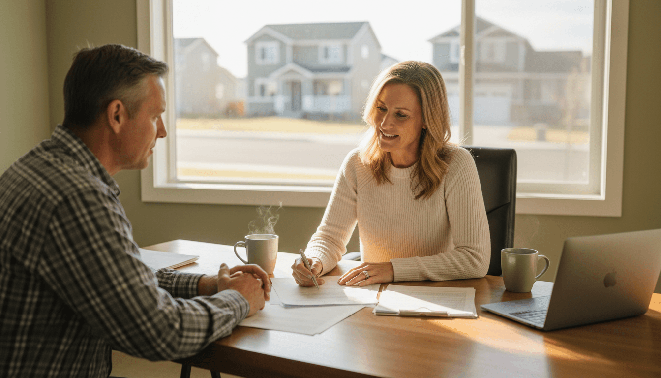 Broker reviewing subsidy paperwork with a client in a bright office
