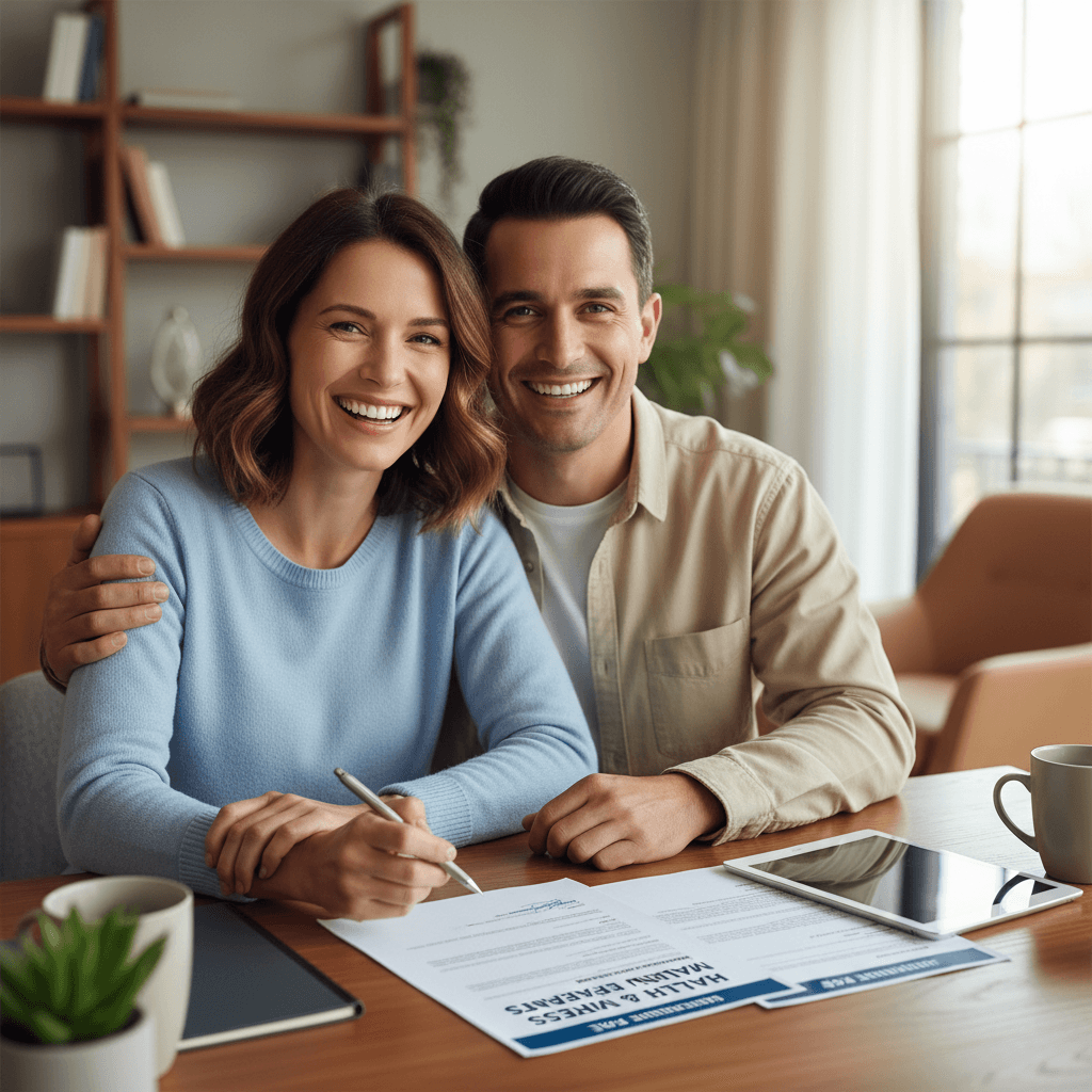 Happy couple smiling while signing health insurance paperwork