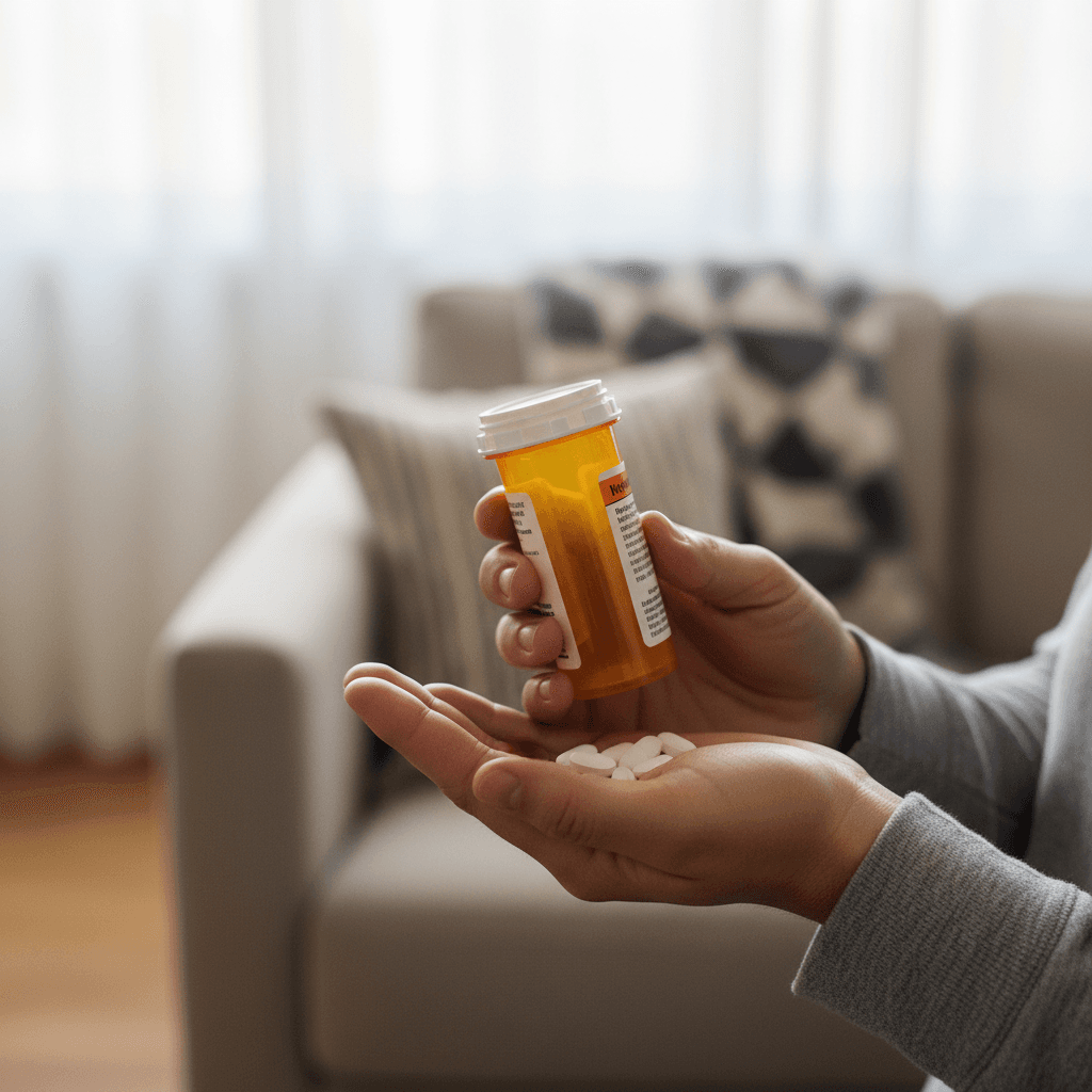 Hand holding a prescription bottle with pills nearby