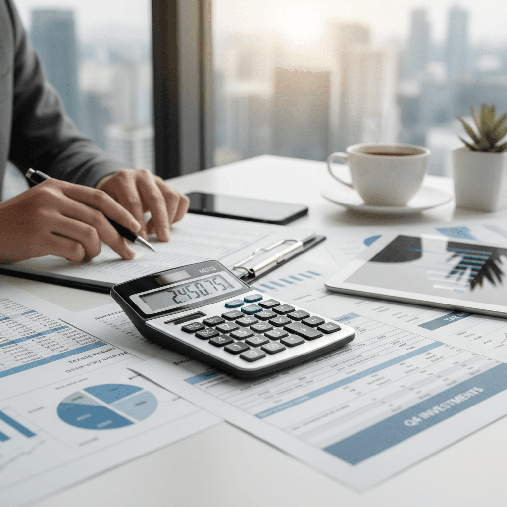 Calculator and financial papers arranged on desk for analysis