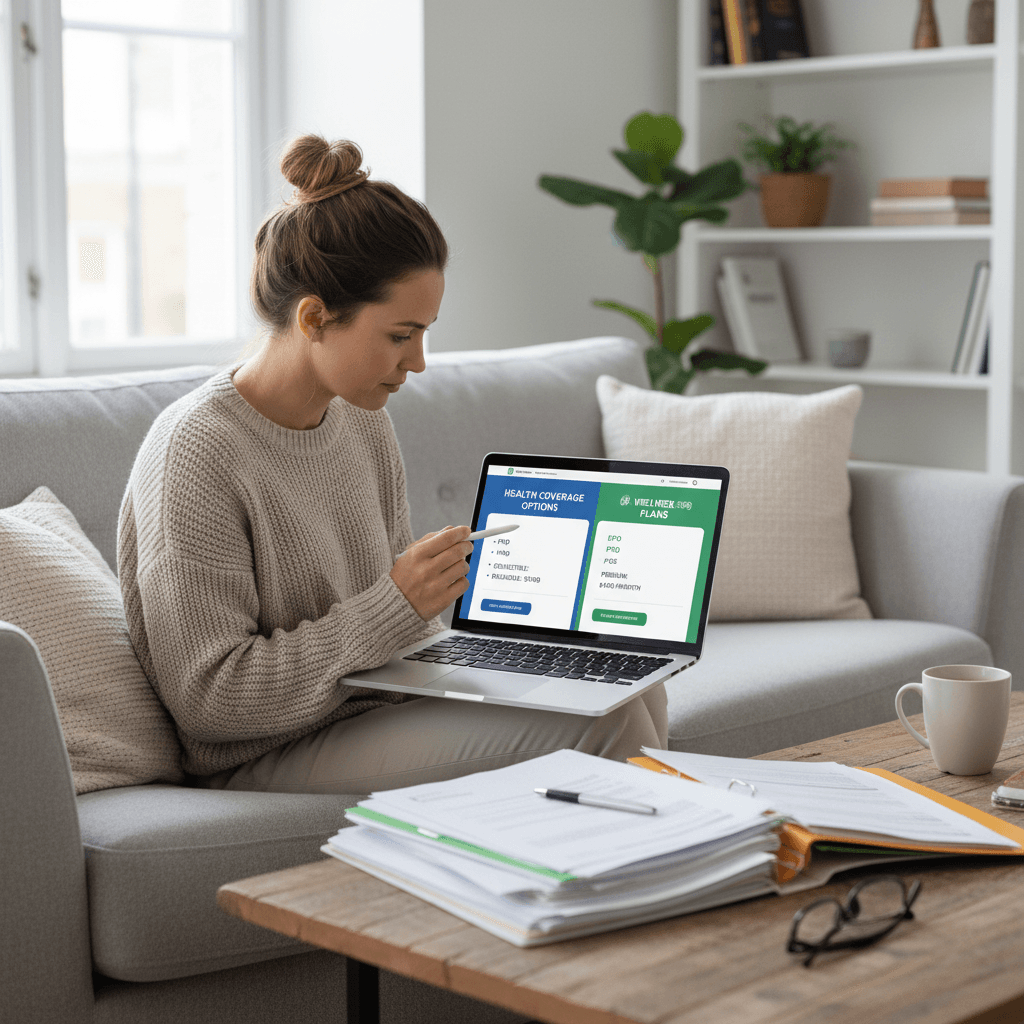 Person reviewing health insurance plan options on a laptop at a bright desk