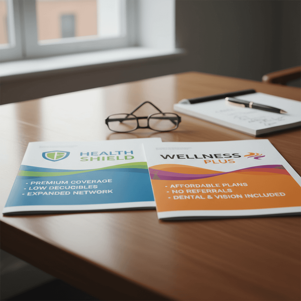 Two health insurance plan brochures compared side by side on a desk