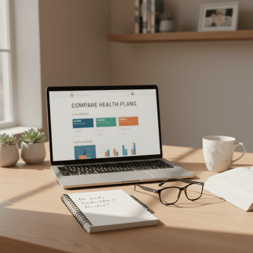 Laptop showing health insurance plan comparison on a desk