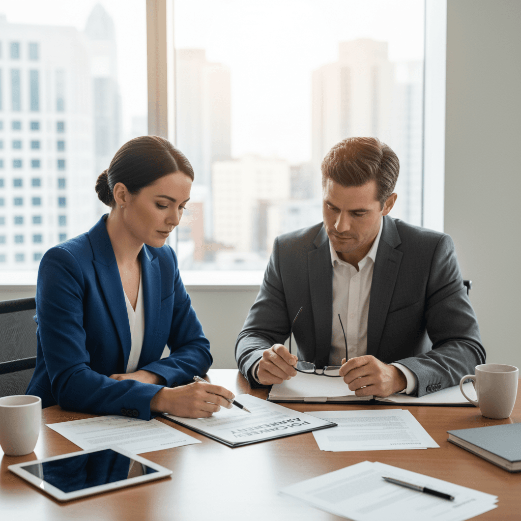Insurance consultant meeting with client in modern office