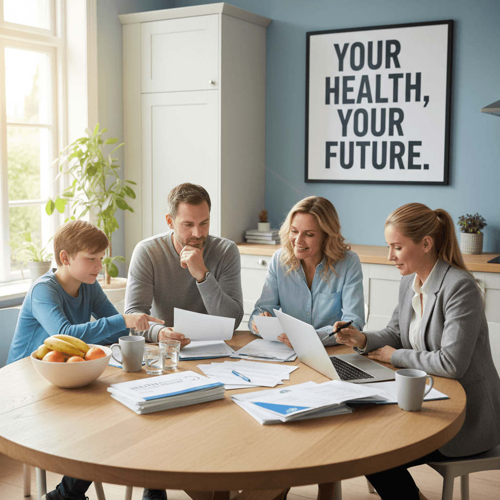 Family reviewing health insurance documents with an advisor at a bright kitchen table