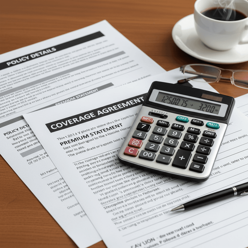 Health insurance paperwork with calculator and glasses on a desk