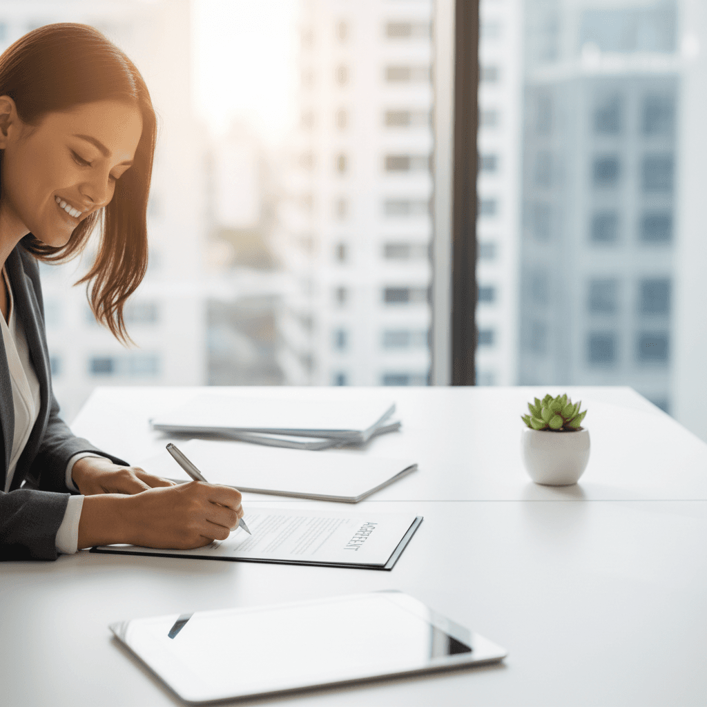 Client signing an enrollment form at a bright desk