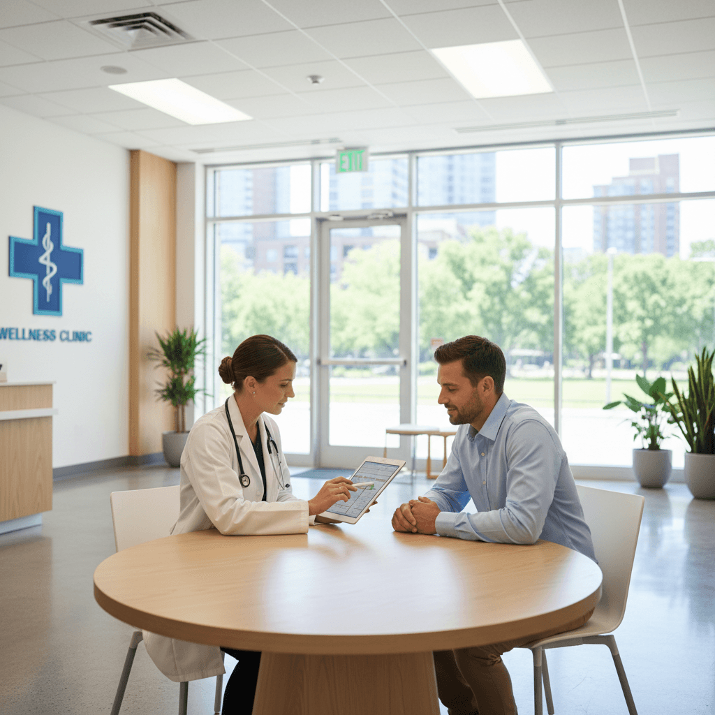 Doctor reviewing medical chart with patient in bright modern clinic