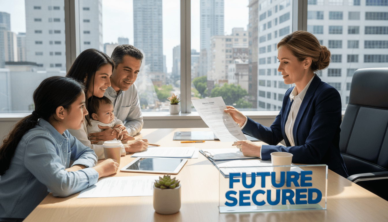 Professional insurance broker at a bright office desk with paperwork