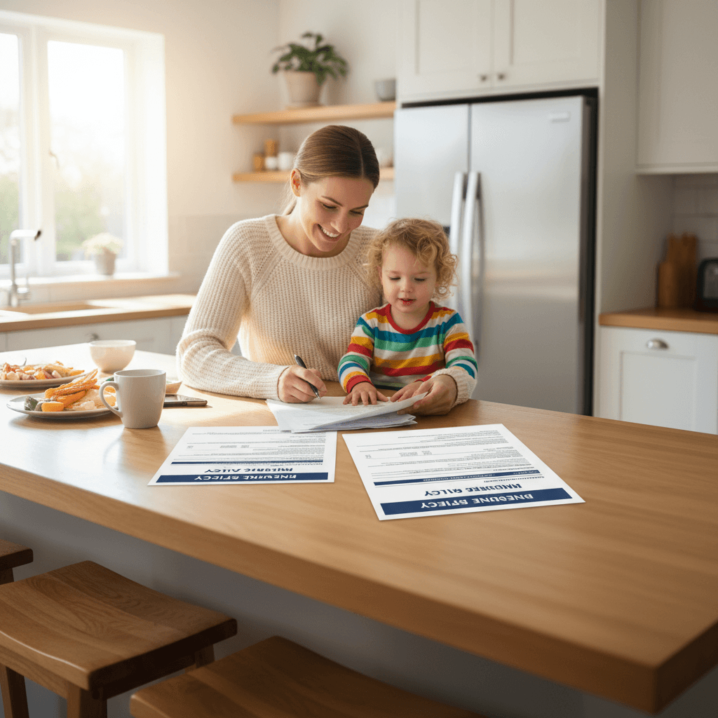 Mother with child reading insurance paperwork at a sunny kitchen counter