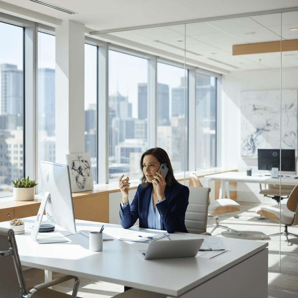 Katie on a phone call with a client at her office desk