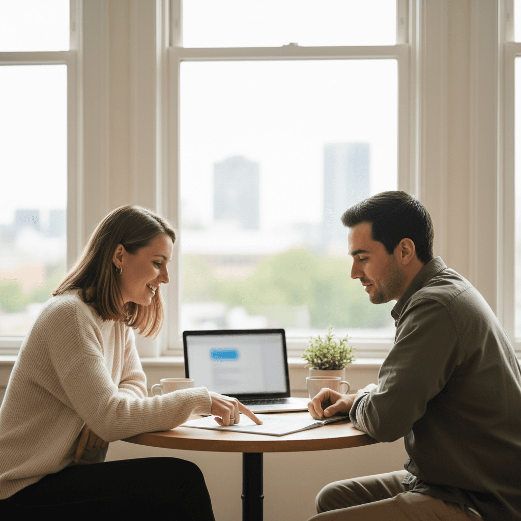 Two people reviewing insurance documents together