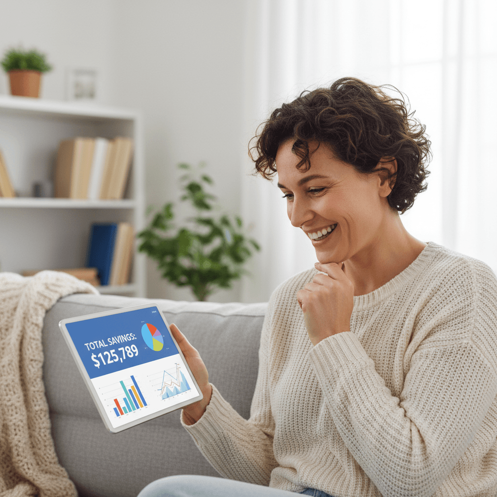 Smiling person reviewing savings figures on a tablet at home