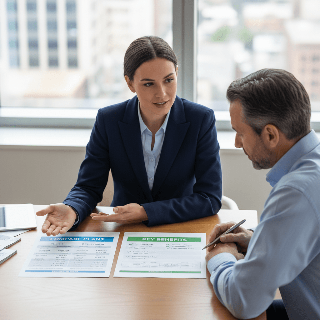 Insurance agent explaining plan comparison documents to client