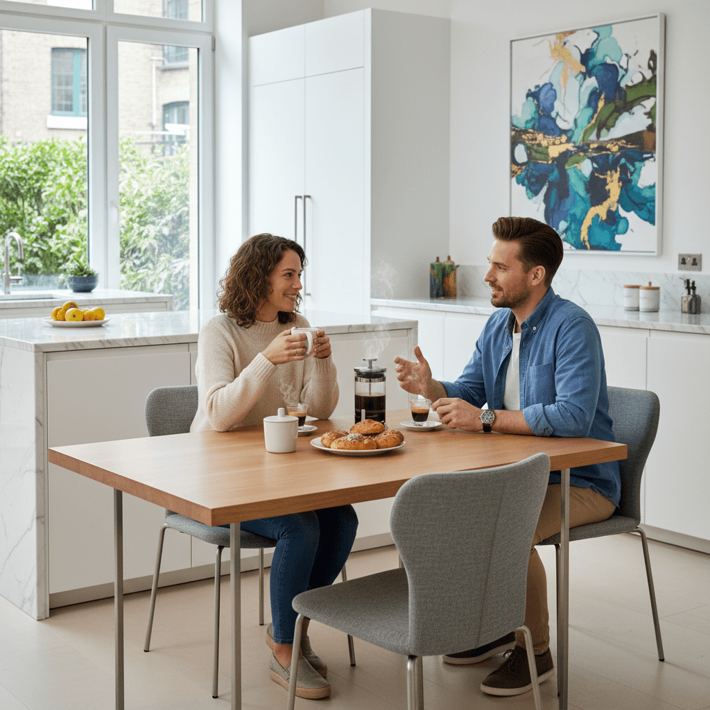 Two people having a relaxed conversation over coffee at a modern kitchen table