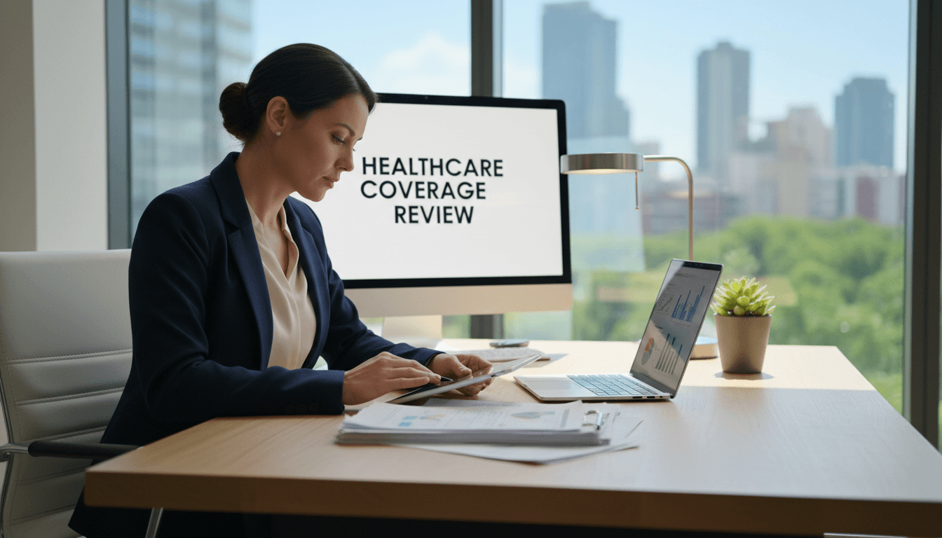Professional woman reviewing health insurance documents at a bright modern desk