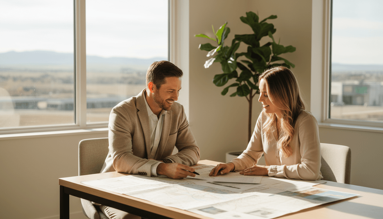 Insurance broker reviewing options with a client in a bright Meridian office