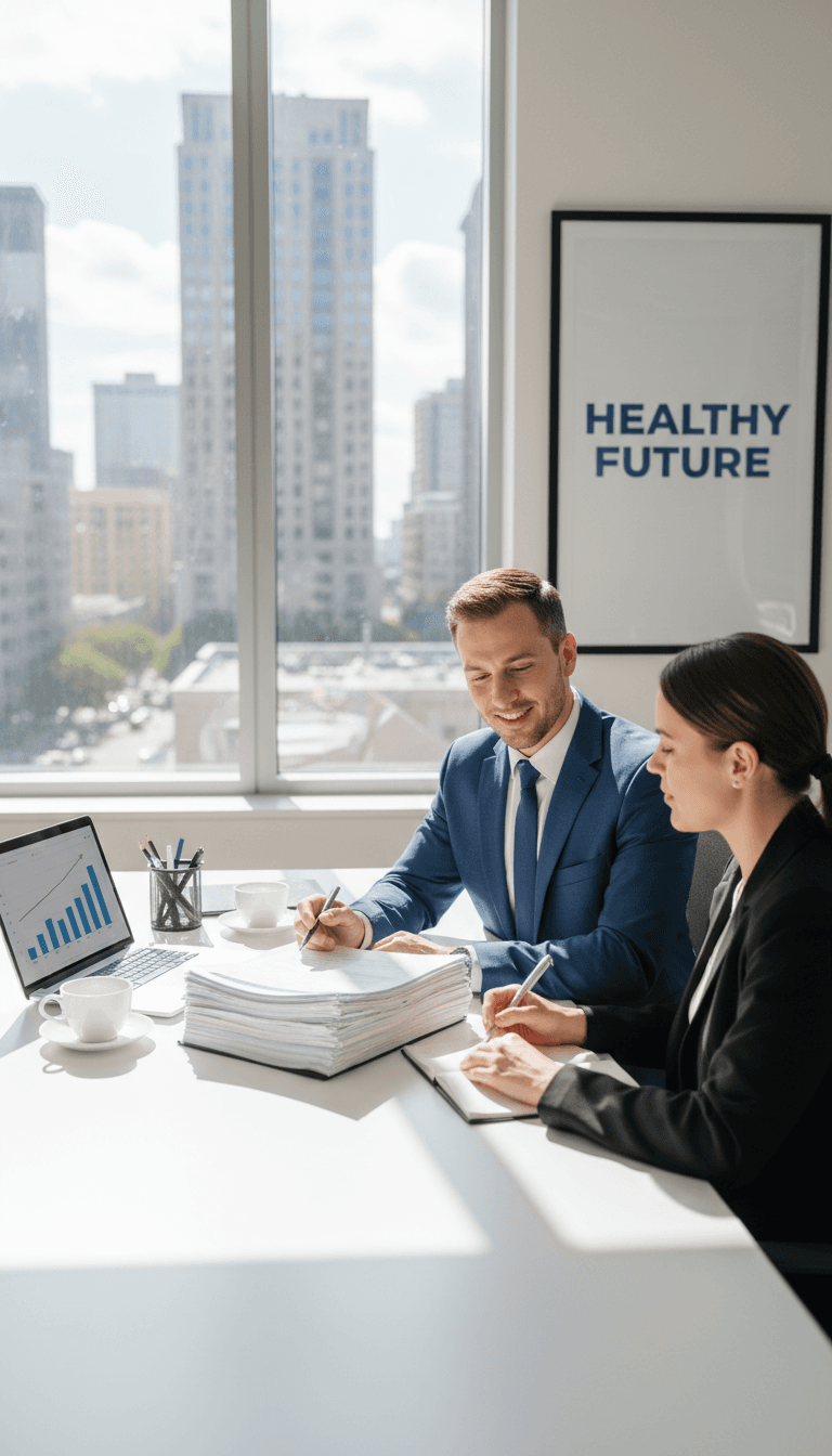 Broker helping a client review health insurance options at a bright office desk