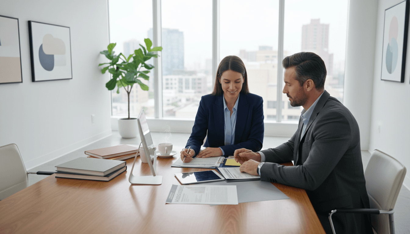 Broker and client reviewing health insurance paperwork at a clean, bright office desk
