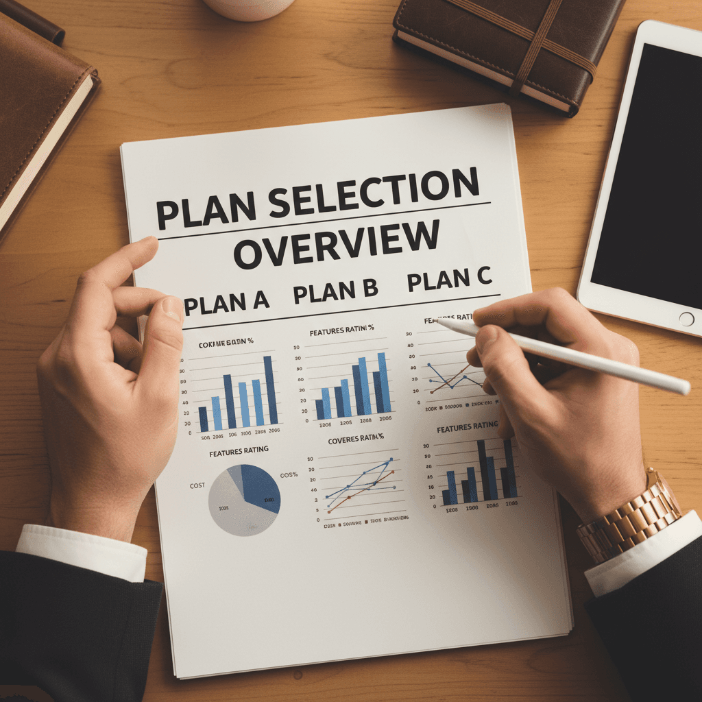 Professional reviewing plan comparison documents on a desk