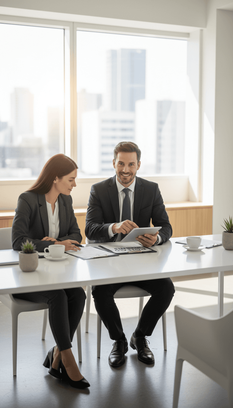 Insurance broker reviewing plan documents with a client