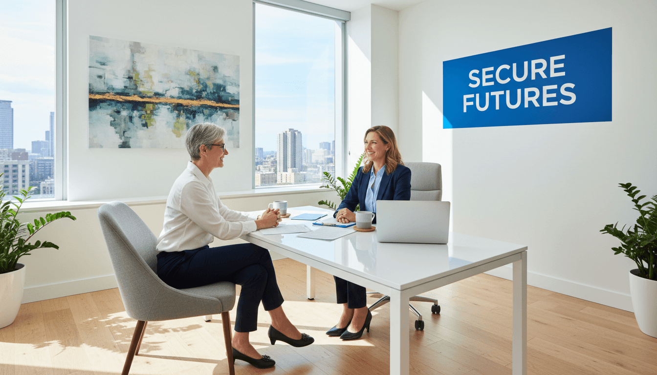 Insurance broker Katie consulting with a client in a bright, modern office