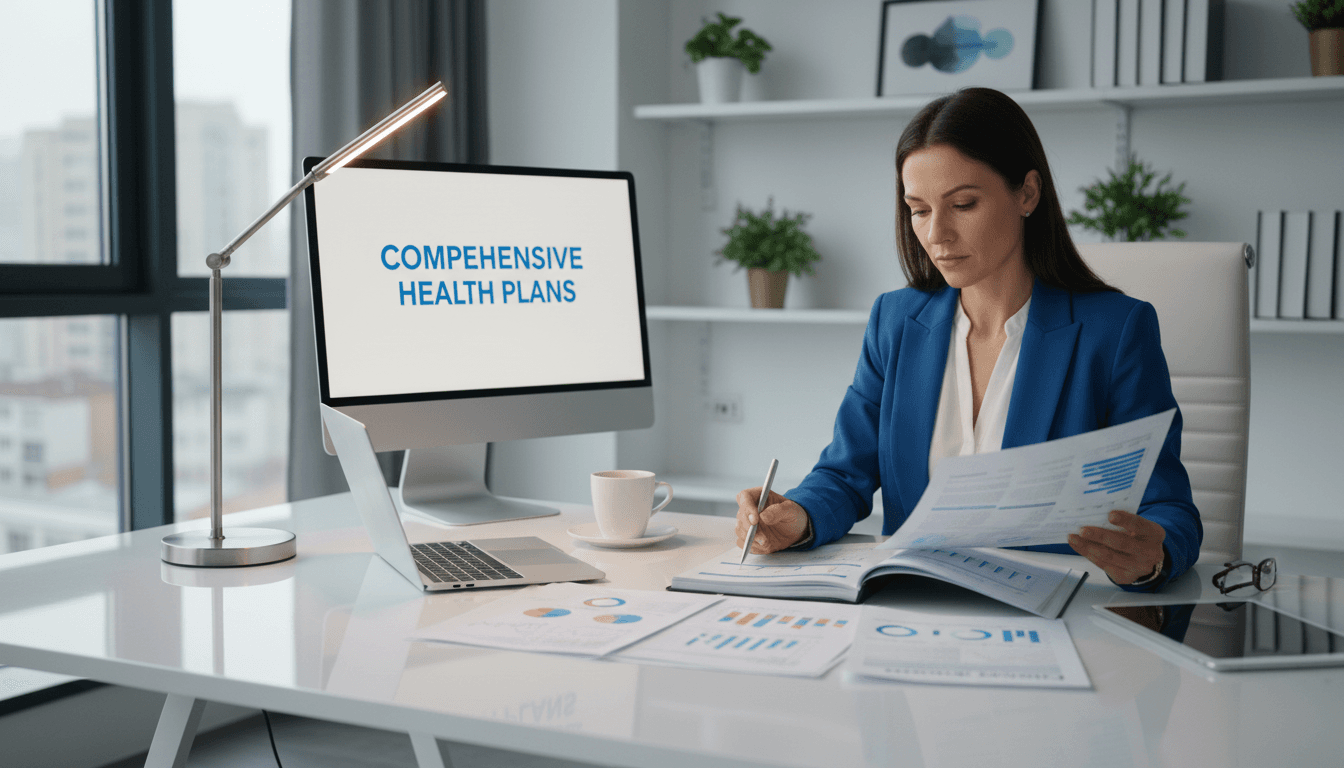 Insurance broker reviewing health plan documents at a bright modern desk
