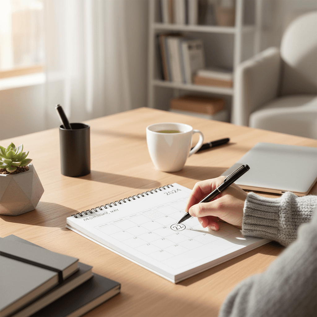 Person marking a calendar date with a pen at a neat home desk