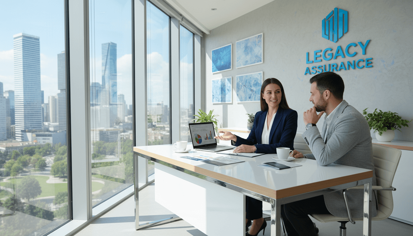 Professional insurance broker talking with client at desk in bright modern office