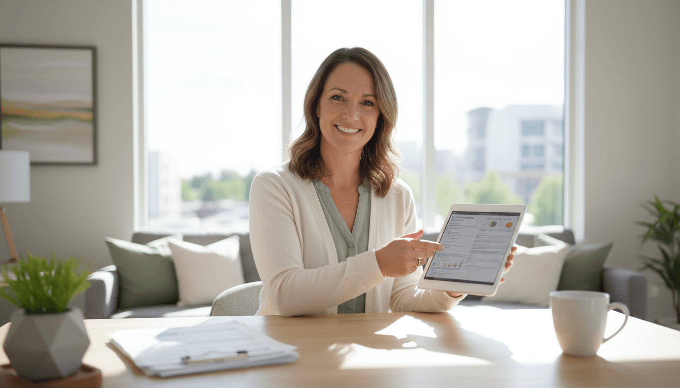 Insurance advisor at her desk in Meridian, Idaho reviewing health plan documents with a client
