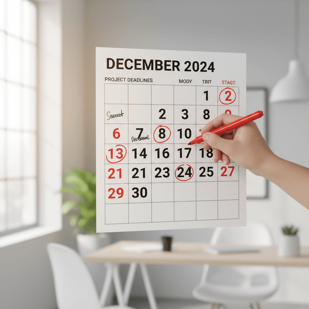 Hand marking dates on a wall calendar