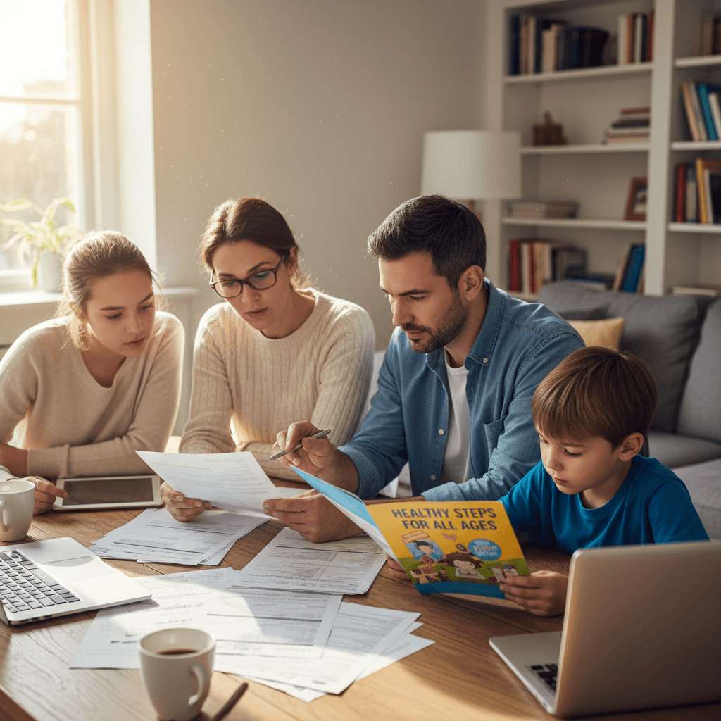 Family reviewing health insurance documents together at home