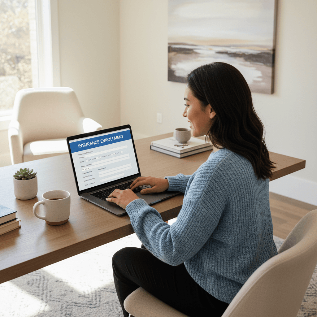 Person completing an insurance enrollment form on a laptop in a bright home office