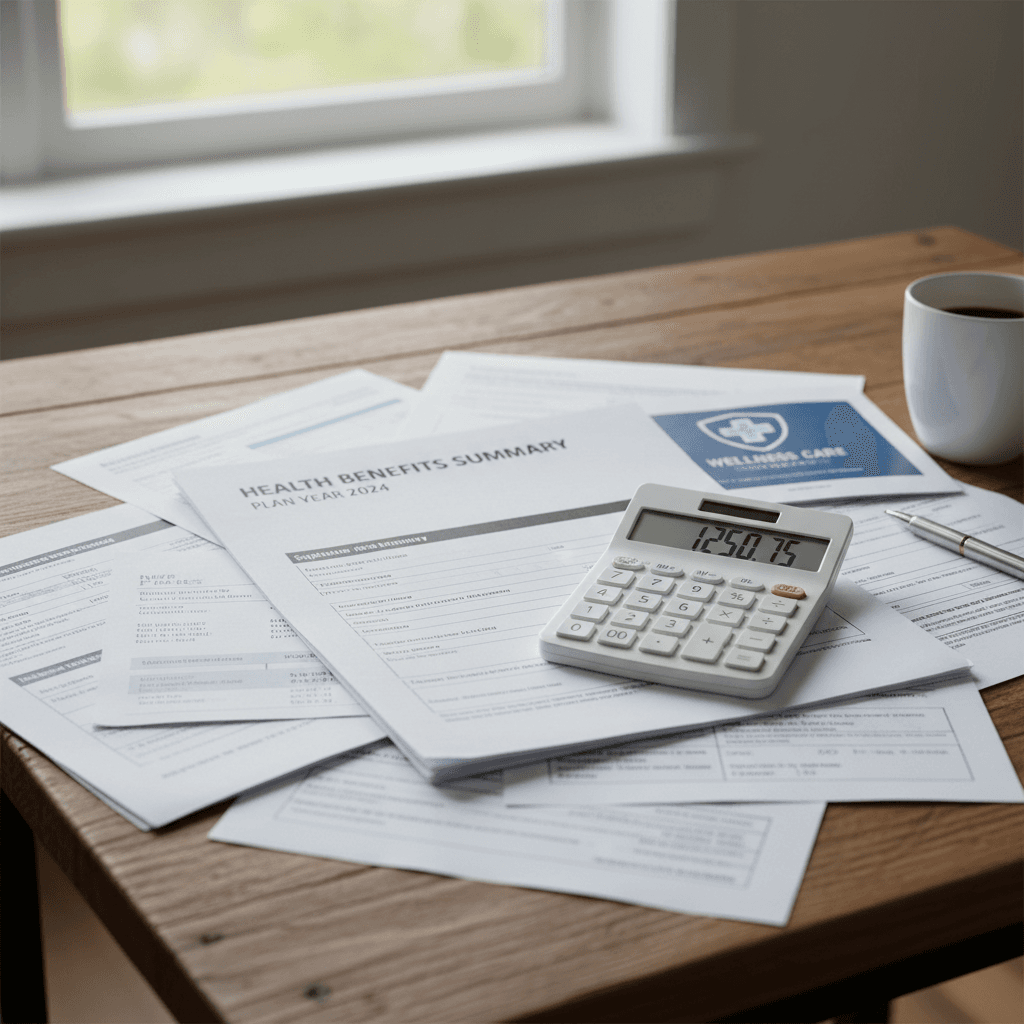 Calculator and insurance paperwork spread across a kitchen table