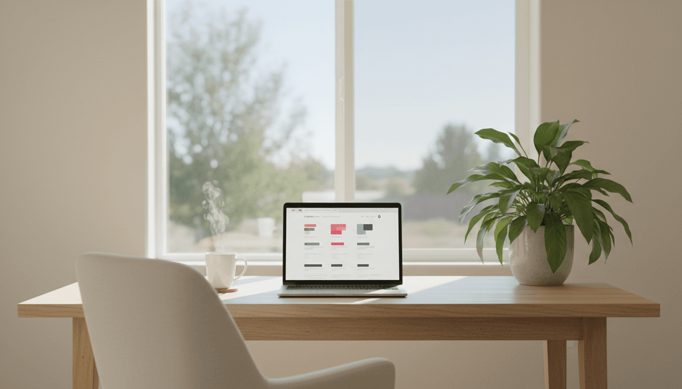 Home office with laptop and coffee mug in sunlit room