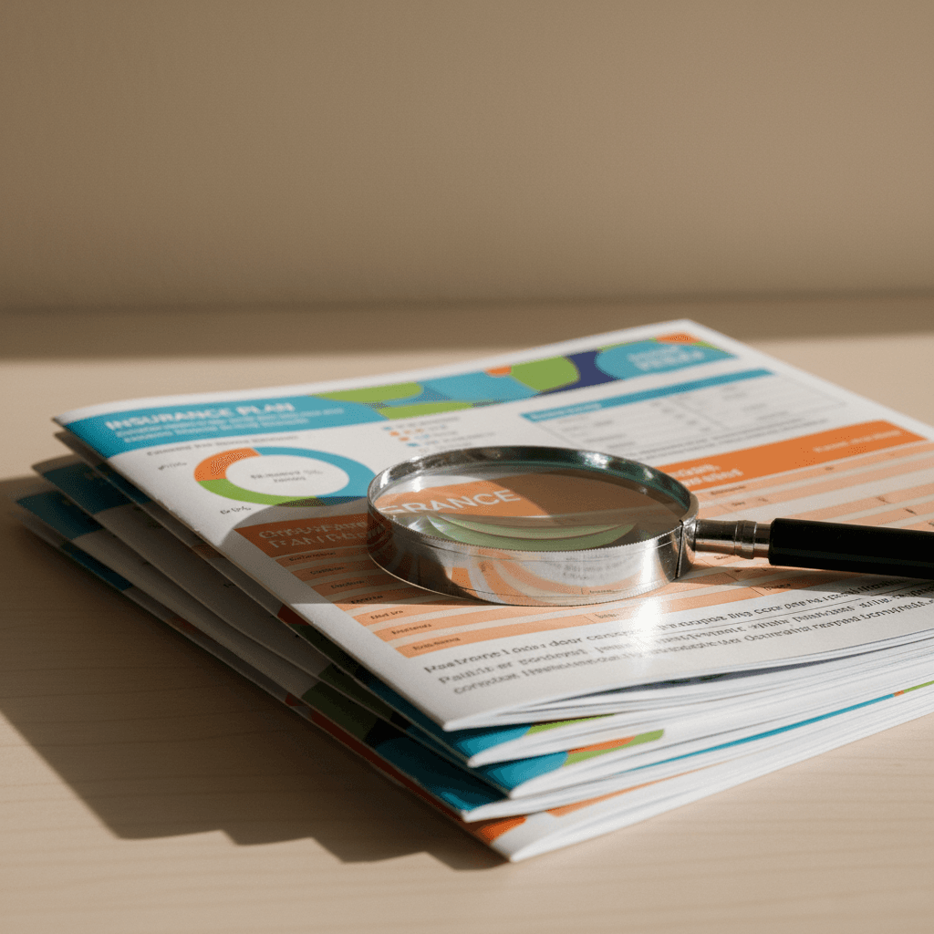 Colorful insurance plan brochures spread on a desk
