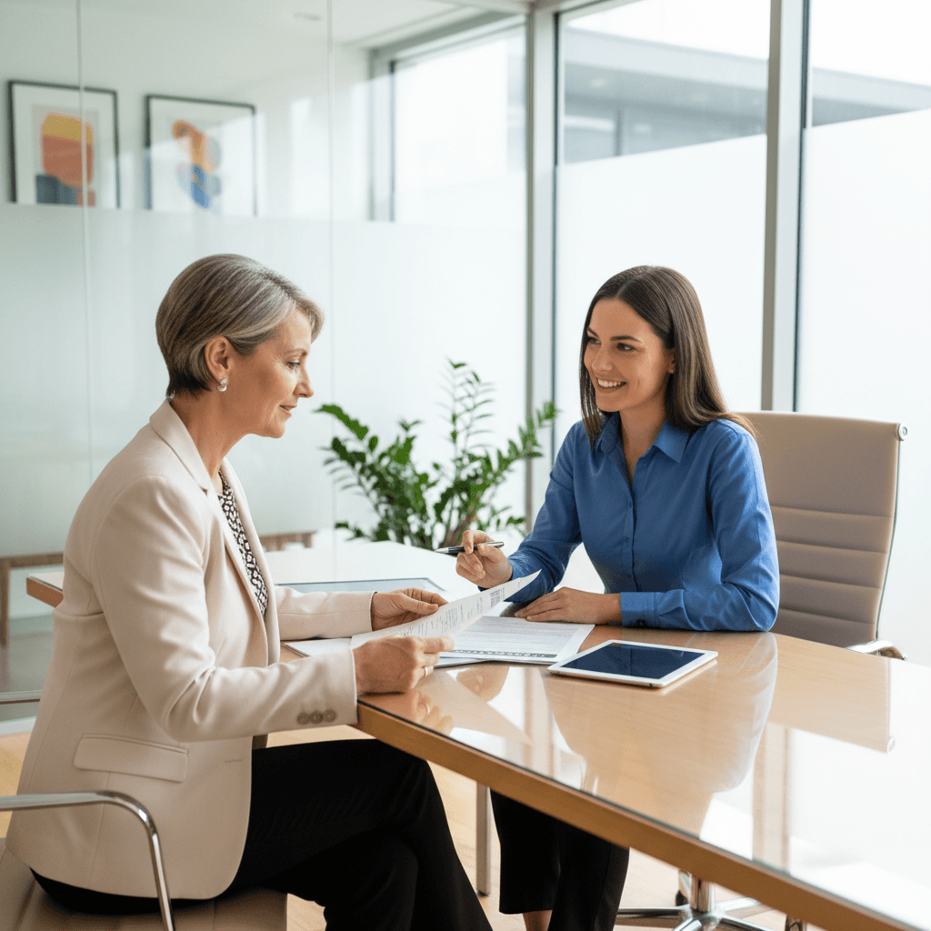 Customer service representative assisting a woman with paperwork in a bright office