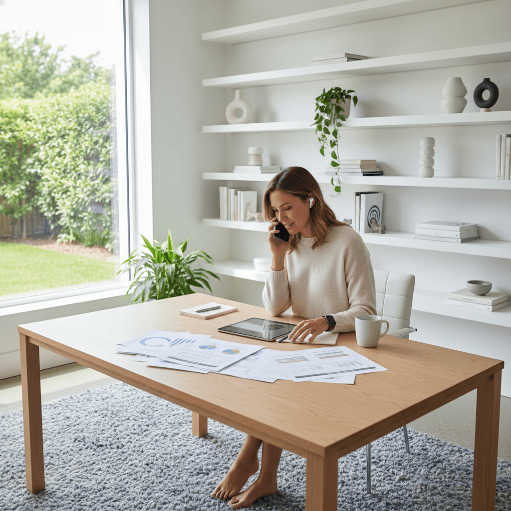 Woman looking at financial documents while talking on phone in a bright home office