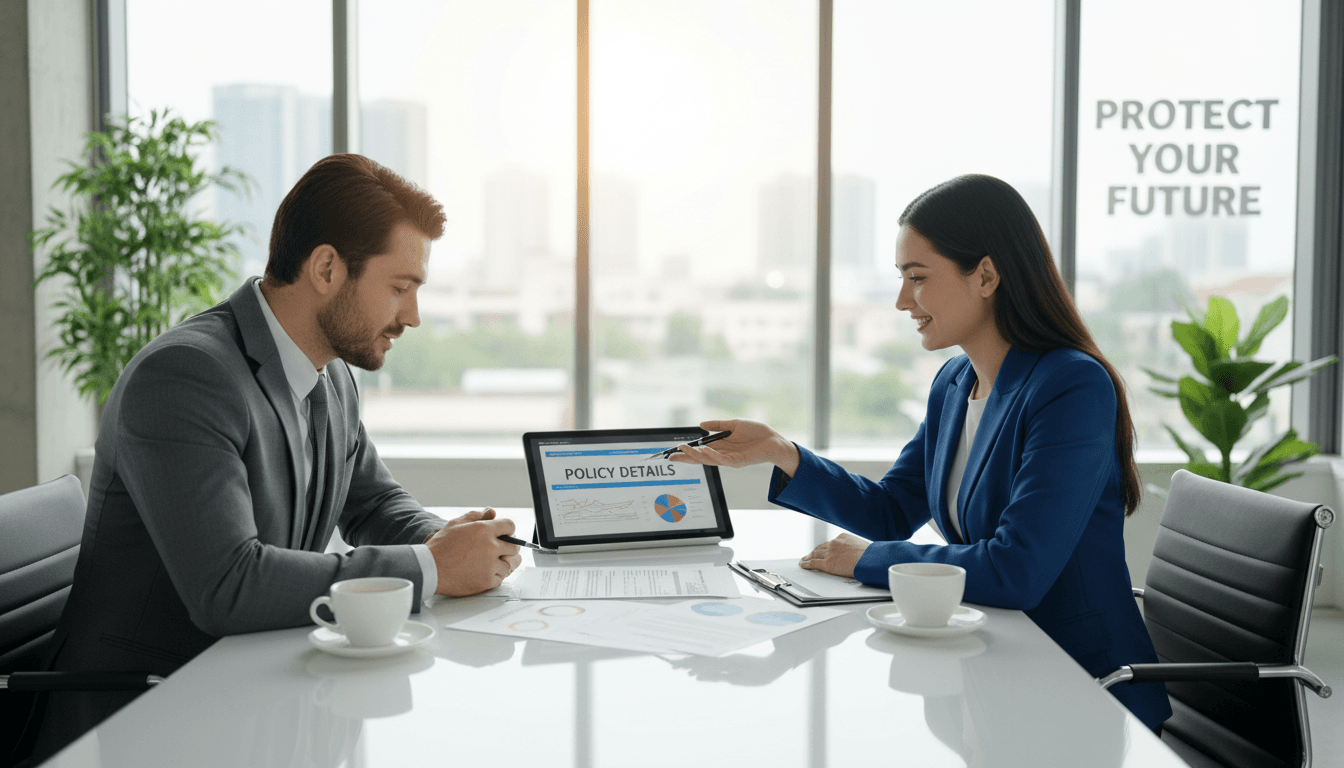 Insurance broker consulting with a client at a bright office desk