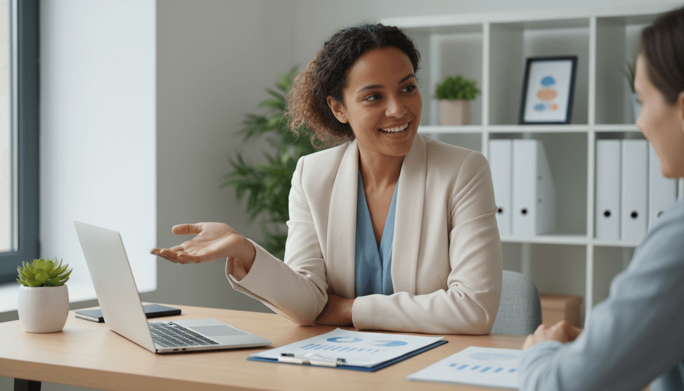 calm professional woman consulting with client at bright office desk with documents and laptop, warm natural light, friendly welcoming atmosphere