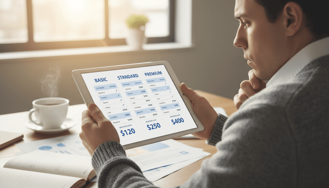 Person reviewing insurance comparison quotes on tablet in home office with natural window lighting
