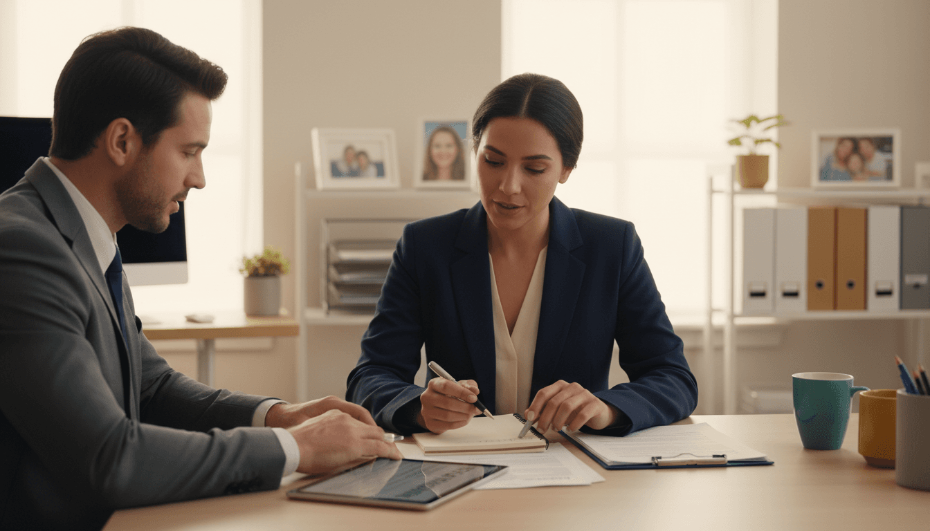 professional insurance broker consulting with client at bright modern office desk with documents