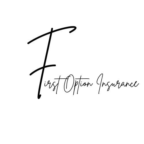 Black cursive logo for First Option Insurance with a large stylized F on white background.