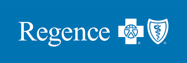 Regence logo with white text, a cross symbol, and a shield symbol on blue background.