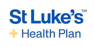 St Luke's Health Plan logo with blue lettering and a yellow plus sign icon.